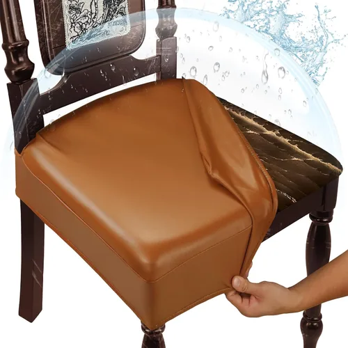 Vista 12 de Juego de 4 fundas de asiento impermeables para sillas de comedor, fundas de asiento de cocina de cuero, resistentes a las manchas, fundas elásticas