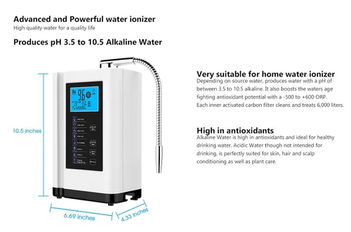 Vista 3 de Ionizador de agua, máquina purificadora de agua PH 3.5-10.5 Máquina de agua de ácido alcalino, hasta -500mV ORP, 8000 litros por filtro, 7 ajustes
