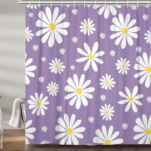 Vista 13 de Cortina de ducha con diseño floral de margaritas azules para caravana, remolque, baño, lindo juego de cortinas de ducha de tela estrecha y corta