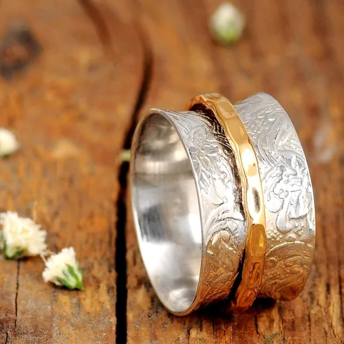 Vista 8 de Boho-Magic Anillo giratorio de plata de ley 925 para mujer con anillo de latón, con flores, Metal