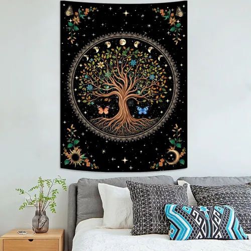 Vista 6 de Lunerfex Tapiz de árbol de la vida, tapiz de pared de fase lunar, tapices verdes para dormitorio, techo, tapices para colgar en la pared