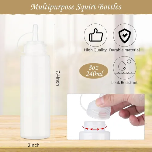 Vista 2 de Xinnun 24 botellas de plástico para exprimir condimentos, a prueba de fugas, botellas multiusos con tapa superior giratoria para salsas, ketchup