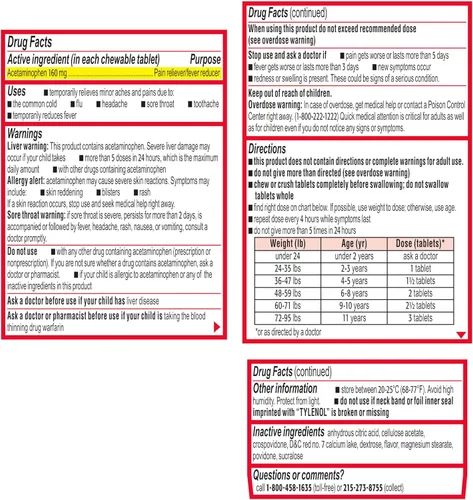 Vista 9 de Tylenol para niños masticables con 160 mg de acetaminofeno, analgésico y reductor de fiebre para síntomas de resfriado y gripe en niños, dolor