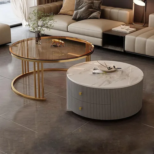 Vista 10 de Mesa de centro redonda anidable, mesas de centro redondas con almacenamiento para sala de estar, mesa de centro para sala minimalista, mesa