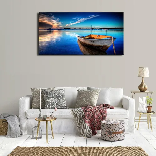 Vista 3 de yearainn Lienzo grande para pared, diseño de lancha y lago azul, puesta de sol con agua clara, cuadro moderno, naturaleza, paisaje, arte