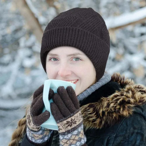 Vista 4 de Gorro de invierno para mujer Gorra de punto para cabello de cola de caballo con moño y cola de caballo Gorro de pelo con pompones con agujero