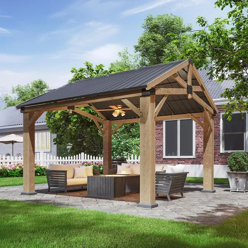 Vista 13 de Aoxun Gazebo de madera de cedro de 10' x 10' con techo de acero galvanizado