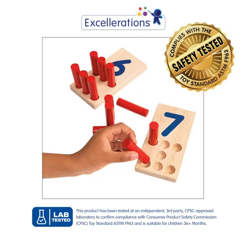 Vista 2 de Excellerations Tablero de números de clavija, incluye: 10 tablas de madera de goma + 55 clavijas de madera + bolsa de almacenamiento