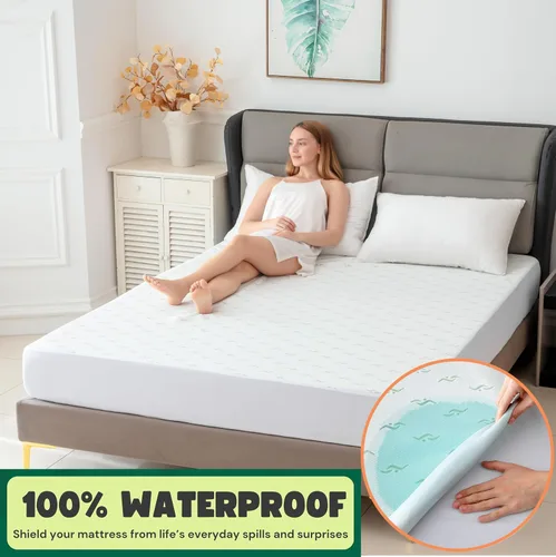Vista 2 de Protector de colchón impermeable jacquard de bambú de alta calidad, 100% impermeable, ultrasuave y transpirable, funda de cama de enfriamiento sin
