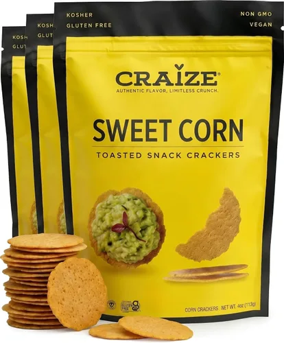 Vista 9 de Craize Sweet Corn Crisps Galletas de maíz tostadas sin gluten, veganas, kosher, 4 onzas cada una