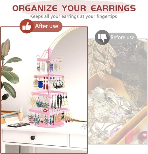 Vista 3 de MODOWEY Organizador de aretes giratorio de metal de 4 niveles, 112 agujeros, organizador ajustable para aretes para mujeres y niñas (cuadrado, rosa)