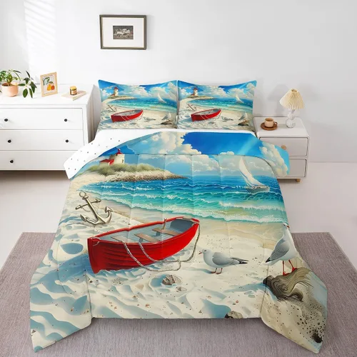Vista 12 de Castle Fairy Juego de edredón de verano para niños, tamaño individual, diseño náutico reversible con diseño náutico de estrellas de mar, barco y Azul