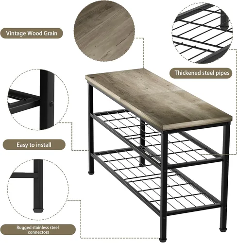 Vista 4 de Zapatero de metal de 3 niveles con parte superior de madera, organizador de zapatos duradero y que ahorra espacio, organizador de zapatos Gris +