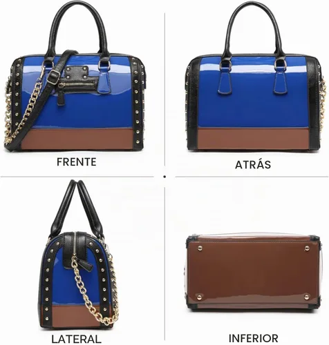 Vista 3 de Dasein Bolso Barrel para Mujer de Cuero Sintético de Charol Brillante con Decoración de Remaches Asa Superior Cartera Bolso de Hombro Azul más grande