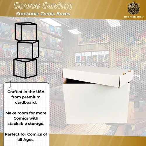 Vista 4 de Max Protection Cajas de almacenamiento de cómics, paquete de 1, cartón corto para 150 a 175 cómics, diseño de doble grosor, caja apilable de alta