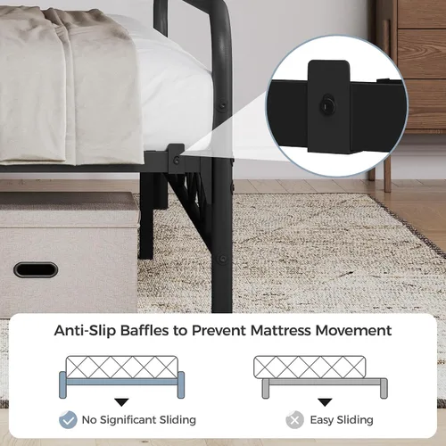 Vista 10 de YAHETECH - Base de cama metálica con cabecera y estribo de patrón de diamante, soporte de listones de acero resistente, almacenamiento debajo