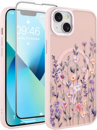 Vista 200 de Magnético para iPhone 13 con protector de pantalla [Compatible con MagSafe] Diseño de patrón floral de flores bonitas, funda delgada a prueba