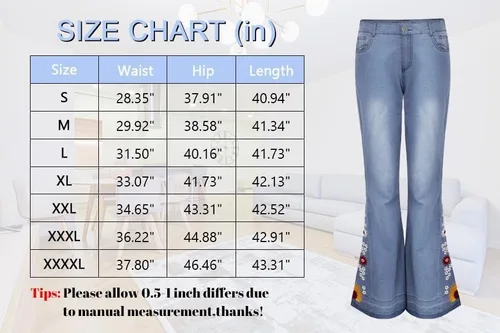 Vista 7 de Jeans acampanados para mujer, jeans bordados florales, elásticos, acampanados, talla grande, pantalones de mezclilla de pierna ancha Y2K