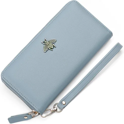 Vista 11 de Billetera para mujer con bloqueo RFID para mujer, carteras largas con correa de muñeca para mujer