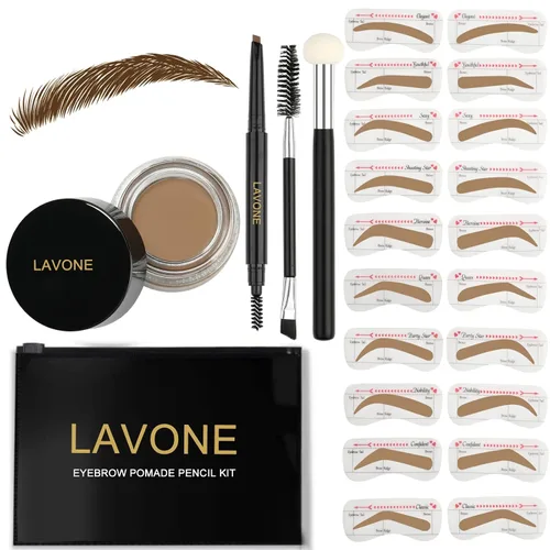 Vista 33 de LAVONE Kit de plantillas para cejas, trío de sellos para cejas con lápiz impermeable, pomada, 20 plantillas, cepillo de doble punta y aplicador