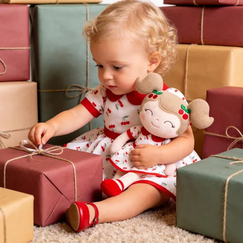 Vista 4 de Gloveleya Muñeca bebé niña regalos juguetes de peluche muñecas suaves regalos bebé niña cereza rojo 15 pulgadas con caja de regalo Nuevo