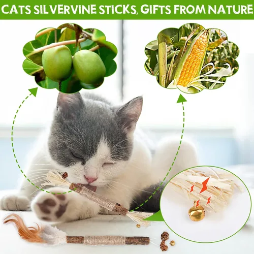 Vista 5 de Paquete de 4 palitos de vid plateada natural, juguete de hierba gatera masticable para gatos de interior, gatitos, limpieza molar de dientes, alivia