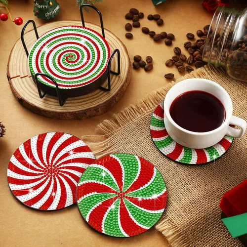 Vista 7 de Perthlin 8 posavasos de arte de diamantes de Navidad, árbol de Navidad, gnomo de caramelo, juego de pintura con soporte, kit de pintura de diamantes