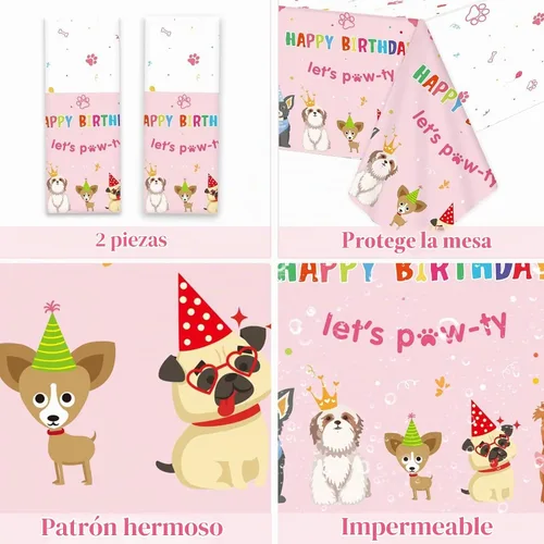 Vista 5 de Juego de 98 piezas de decoración de fiesta de cumpleaños de perro, juego de vajilla para cachorros, platos, servilletas, mantel con temática