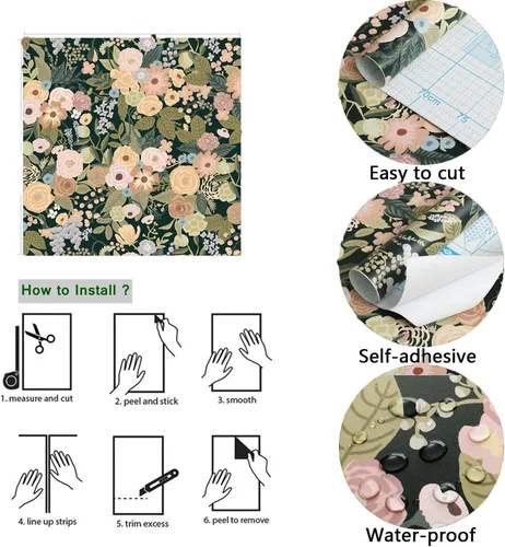 Vista 2 de Ismoon Papel tapiz floral despegable y adhesivo de 16.1"x78.7" pulgadas, papel tapiz autoadhesivo removible, papel de contacto de acuarela negro