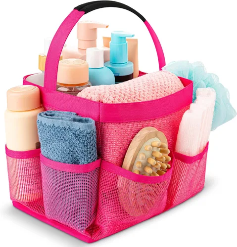 Vista 7 de Masirs – Organizador de ducha de malla con 9 bolsillos, bolsa portátil para baño para viajes, gimnasio y dormitorio - Bolsa de ducha pequeña