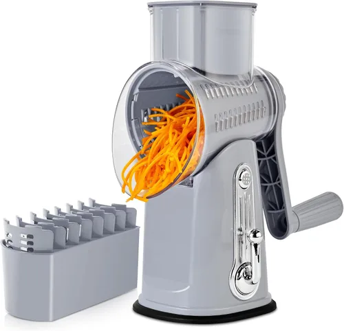 Vista 9 de SUSTEAS Rallador de queso rotativo con mango - Triturador de verduras con 5 cuchillas bien diseñadas y base de succión fuerte, rebanador