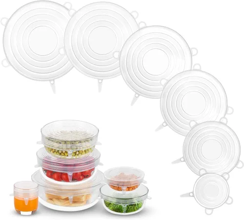 Vista 7 de Pequeñas tapas elásticas de silicona, 12 piezas de 2.6"/6.5cm, tapas de contenedor de silicona reutilizables sin desperdicio para tarros, cuencos