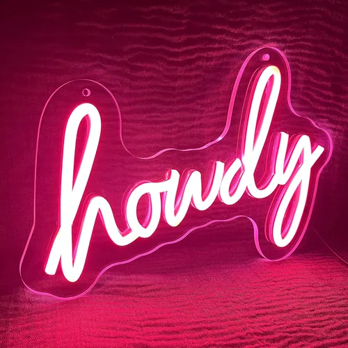 Vista 2 de Letrero de neón rosa howdy para decoración de pared, iluminación ajustable, luz de neón LED para decoración de pared de dormitorio, decoración