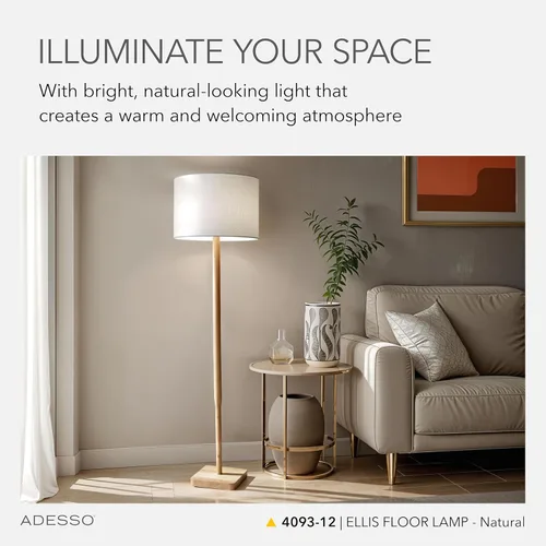 Vista 2 de Adesso Lámpara de pie con base de madera de caucho natural y pantalla de lino blanco, brillo ajustable de 3 vías, lámpara para dormitorio, sala