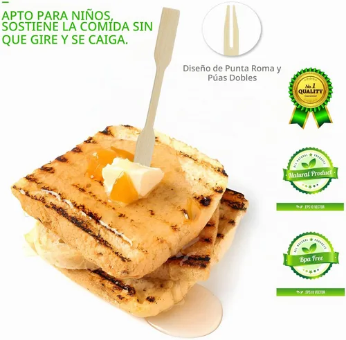 Vista 4 de Mini tenedores de bambú de 3.5 pulgadas, tenedores pequeños para postre, tenedores de cóctel, palillos de dientes de doble punta para aperitivo
