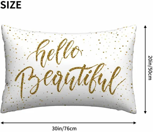 Vista 4 de Mugod Funda de almohada rectangular con purpurina dorada, cita motivacional, Hello Beautiful, funda de cojín decorativa para sofá de 20 x 30 pulgadas