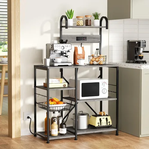Vista 3 de JAMFLY Estante para hornear de cocina de 35.4 pulgadas con toma de corriente, mesa de café y soporte para horno microondas, estante de Gris
