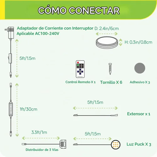 Vista 2 de Kit de iluminación LED para debajo o sobre mostrador, 120 voltios eléctrico con cable para armario de cocina, luces redondas, control remoto