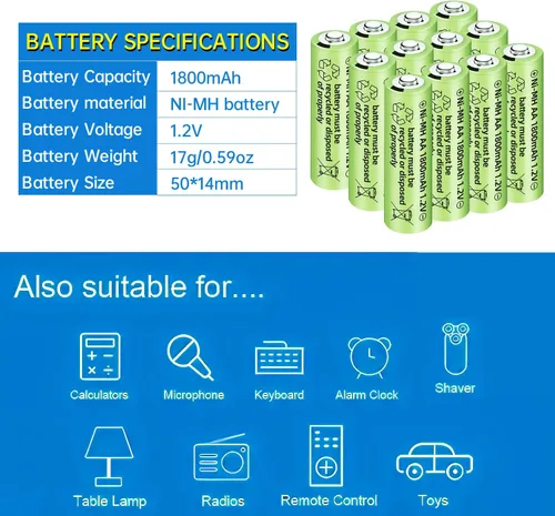 Vista 3 de 12 baterías recargables AA Ni-MH de 1.2 V 1800 mAh para micrófonos inalámbricos, juguetes eléctricos, ratones remotos, calculadoras, maquinillas