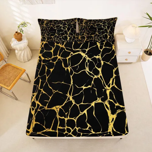 Vista 19 de Erosebridal Sábana bajera ajustable de mármol metálico dorado, tamaño individual, sábanas de cama con purpurina dorada negra, diseño de textura
