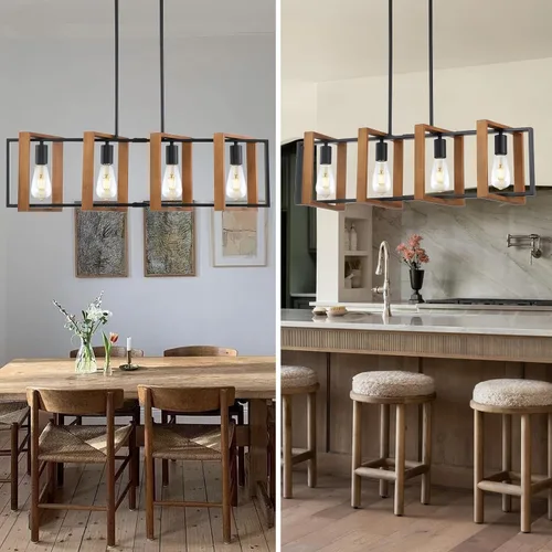 Vista 7 de Iluminación de isla de cocina de 35.4", lámpara de araña de 4 luces para comedor estilo granja, iluminación colgante moderna en negro, luces