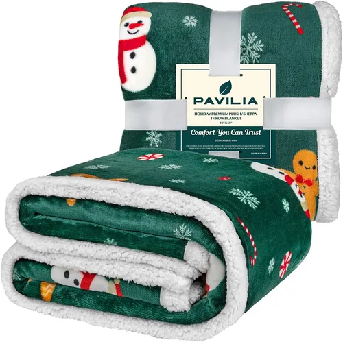 Vista 8 de PAVILIA Premium Manta de vellón sherpa de Navidad regalo de decoración navideña, afelpada, cálida y acogedora, de microfibra y reversible, para Pan