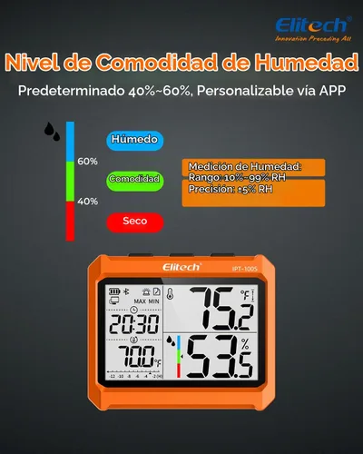 Vista 3 de Elitech Termómetro higrómetro digital Bluetooth, termómetro para refrigerador con aplicación gratuita, monitor de humedad de temperatura en tiempo