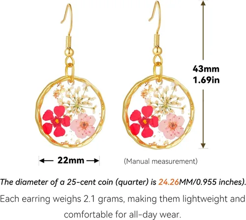 Vista 5 de Aretes de flores prensadas reales para mujer, hechos a mano, diseño bohemio, elegante, joyería floral única, regalo lindo y pensado para Navidad