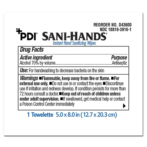 Vista 2 de PDI D43600 Sani-Hands Toallitas desinfectantes instantáneas para manos (caja de 100)