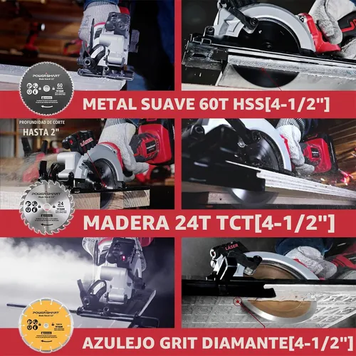 Vista 6 de Sierra mini circular inalámbrica PowerSmart de 20 V y 4-1/2 pulgadas con batería de 4.0 Ah y cargador rápido, 4 cuchillas ideales para cortes