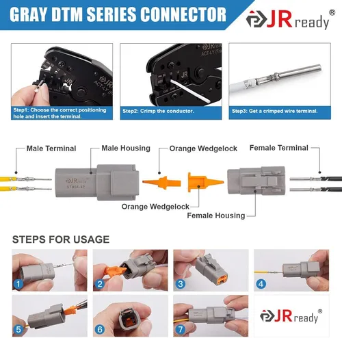 Vista 9 de JRready Kit de conectores Deutsch, conector de 2 pines, 3 4 6 8 12 pines grises impermeables DT DTM, herramienta de crimpado Deutsch, contactos