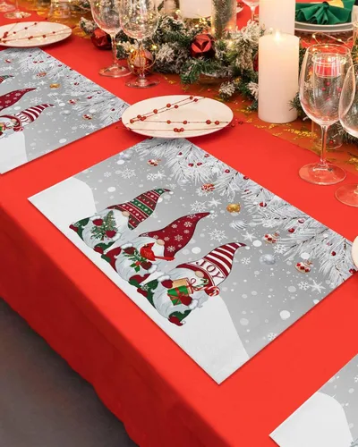 Vista 4 de Juego de 1 mantel individual gris de Navidad, manteles individuales de enanos de invierno y cardenales antideslizantes, manteles individuales