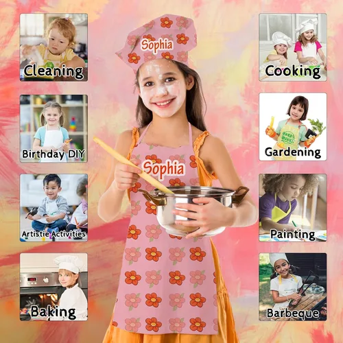 Vista 6 de Delantal personalizado para niños con nombre, juego de sombrero de chef personalizado, delantales personalizados, regalos para niños y niñas