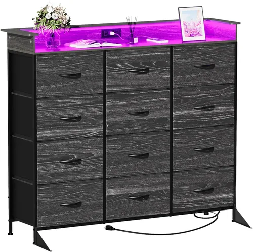 Vista 6 de Cómoda negra con luz LED, 12 cajones con estación de carga, cómoda para dormitorio con 12 cajones de tela para dormitorio, pasillo, entrada